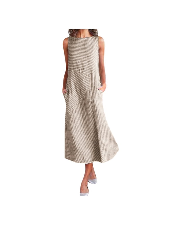 Spring Dresses for Women 2024, Sundress, Casual Neck Dress Striped Long Print Pocket Women Sleeveless Women's Dress, Summer Dresses for Women 2024 Khaki