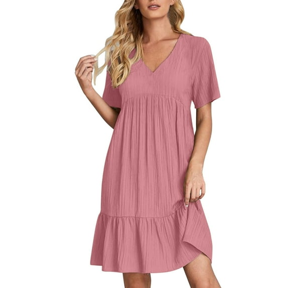 Tiqkatyck Spring Dresses for Women 2024, Women's Summer Dress Short Sleeve V Neck Midi Dress A Line Beach Dress Casual Dresses Plain Dresses, Formal Dresses for WomenRed