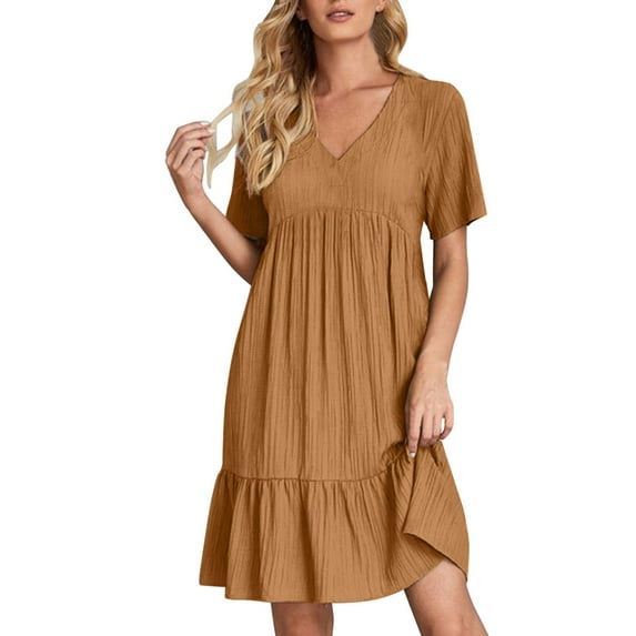 Tiqkatyck Spring Dresses for Women 2024, Women's Summer Dress Short Sleeve V Neck Midi Dress A Line Beach Dress Casual Dresses Plain Dresses, Formal Dresses for WomenBrown