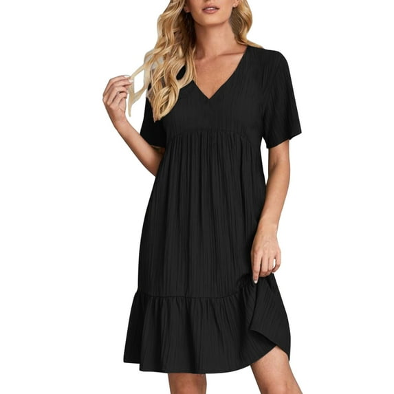 Tiqkatyck Spring Dresses for Women 2024, Women's Summer Dress Short Sleeve V Neck Midi Dress A Line Beach Dress Casual Dresses Plain Dresses, Formal Dresses for WomenBlack