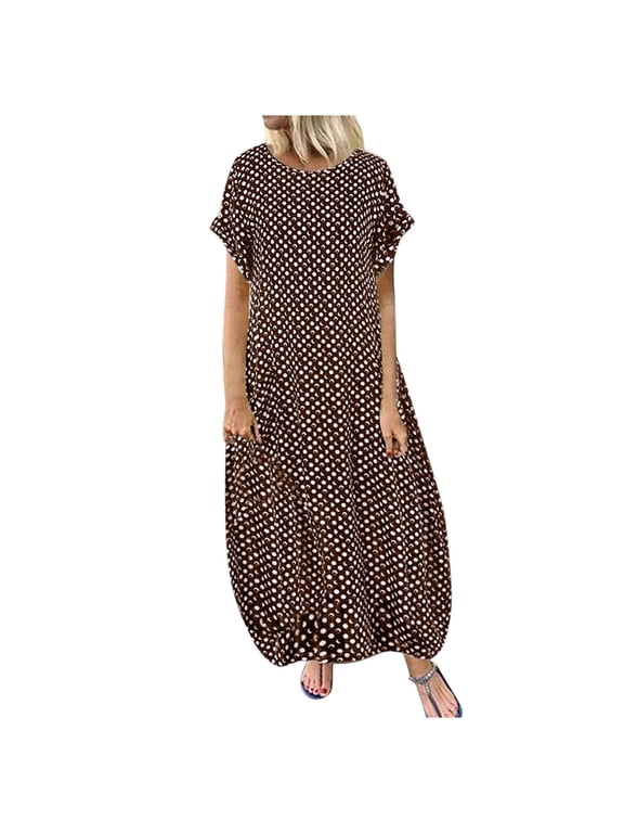 Spring Dresses for Women 2024, Women Casual Polka Dot Short Sleeve Round Neck Maxi Dress, Sundresses for Women , Spring Dresses for Women 2024 Brown