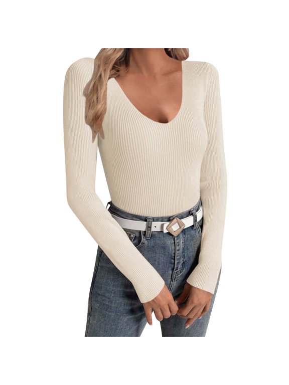 Spring Tops for Women 2024, Items, Ladies Casual Fashion Solid Color Slim Fit Charming V Neck Knit Base Top, Summer Tops for Women 2024 Trendy Beige