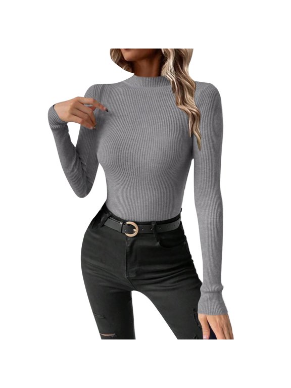 Spring Tops for Women 2024, Clearance Items, Women's Casual Fashion Solid Color Half Turtleneck Sweater Sweater Base Summer Tops for Women 2024 Trendy Grey