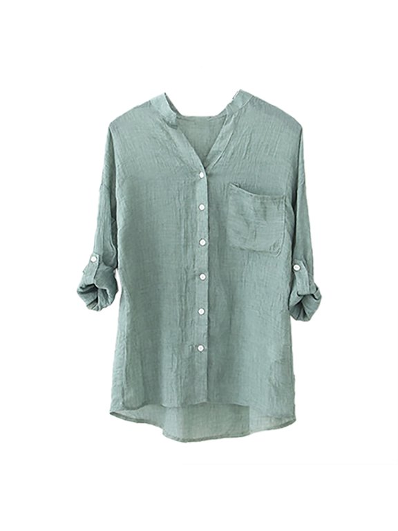 Spring Tops for Women 2024, Items, Women's Shirt Sun Loose Thin 3/4 Sleeve Cotton and Linen Top with Stand Collar Summer Tops for Women 2024 Trendy Green