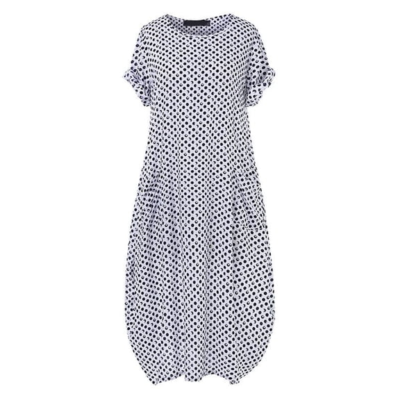 Tiqkatyck Summer Dress Clearance, Women Casual Polka Dot Short Sleeve Round Neck Maxi Dress, Summer Dress White