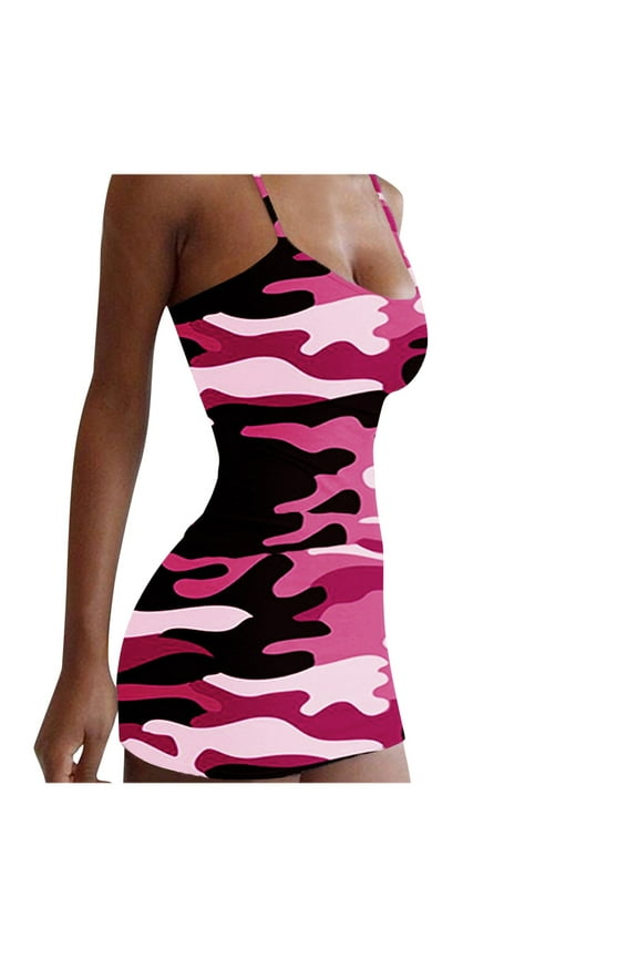 Summer Dress, Women Casual Camouflage Print Tight-Fitting Sleeveless Sling Dress, Sundresses for Women, Bodycon Dresses for Women Pink
