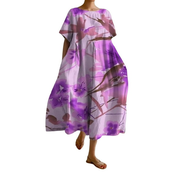 Tiqkatyck Summer Dresses for Women 2024, Women's Retro Floral Dress Casual Loose Oversized Maxi Dress with Pocket, Fall Dresses for Women 2024 Pink XXXL