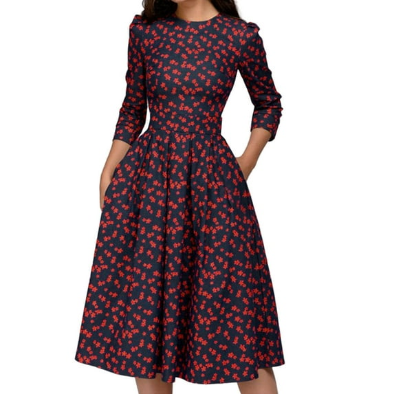Tiqkatyck Summer Dresses for Women 2024, Women's Floral Vintage Dress Elegant Midi Evening Dress 3/4 Sleeve , Dresses for Women 2024 Navy