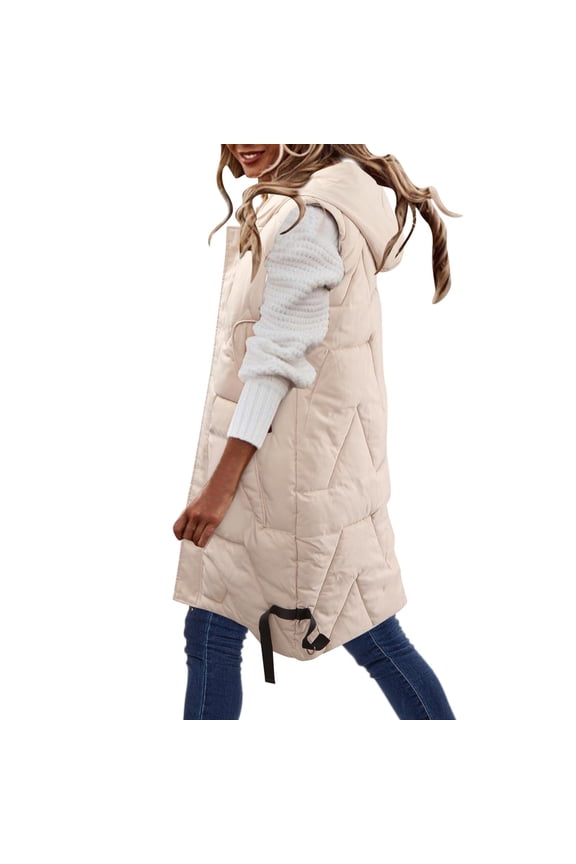 Sweater Vest Women Long Quilted Vest Hooded Maxi Length Sleeveless Vest Padded Coat Winter Outerwear Sweater Vest Beige