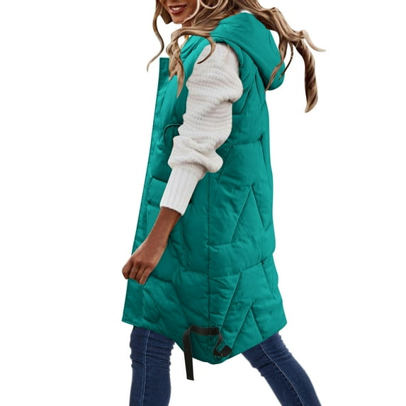 Tiqkatyck Sweater Vest Women Long Quilted Vest Hooded Maxi Length Sleeveless Vest Padded Coat Winter Outerwear Sweater Vest Green