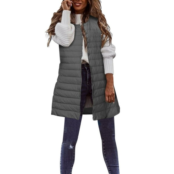 Tiqkatyck Sweater Vest Women's Long Winter Vest Thin and Light Down Coat Casual Down Coat Slim Gilet Quilted Jacket Outdoor Winter Coat Vest with Pockets Puffer Vest Women Grey