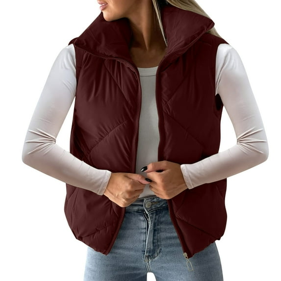 Tiqkatyck Sweater Vest Women's Pockets Full Zip Long Sleeve Quilted Jacket Short Bubble Vest Coats Sweater Vest Wine
