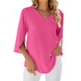 thumbnail image 1 of Tiqkatyck Women Summer Tops, Women's Fashion Short Sleeve Solid Color V Neck Loose Chiffon T Shirt, Summer Tops for Women, Shirts for Women Hot Pink L, 1 of 4