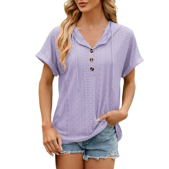 Tiqkatyck Women Summer Tops, Women's Solid Color Button Hooded Loose Short Sleeve Shirts, Shirts for Women Purple XXL
