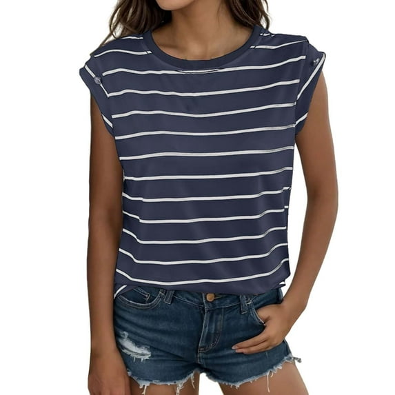 Tiqkatyck Women Summer Tops, Women's Fashion Summer Round Neck Loose Sleeveles Striped T Shirt, Tank Top for Women, Shirts for Women Blue M