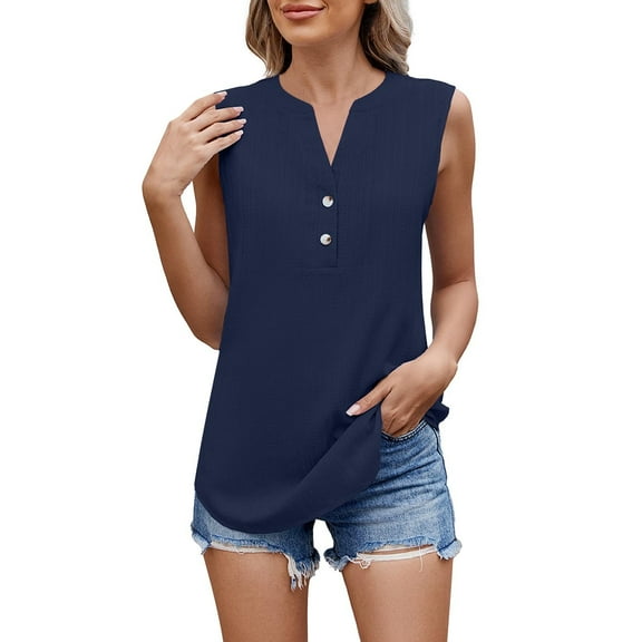 Tiqkatyck Tank Tops for Women Trendy Women's 2025 Spring and Summer New Solid Color V Neck Button Sleeveless Chiffon Vest Women's Vest Sleeveless Tunic Tops Summer Tops for Women Navy XL