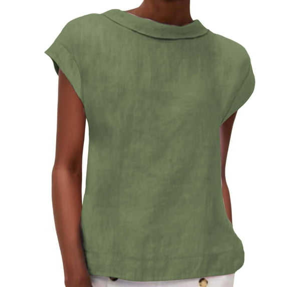 Tiqkatyck Tank Tops for Women Trendy Women's Fashion Casual Lapel Short Sleeve Solid Color Cotton Linen T Shirt Top Sleeveless Tunic Tops Summer Tops for Women Green L
