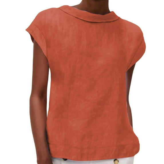 Tiqkatyck Tank Tops for Women Trendy Women's Fashion Casual Lapel Short Sleeve Solid Color Cotton Linen T Shirt Top Sleeveless Tunic Tops Summer Tops for Women Orange XL
