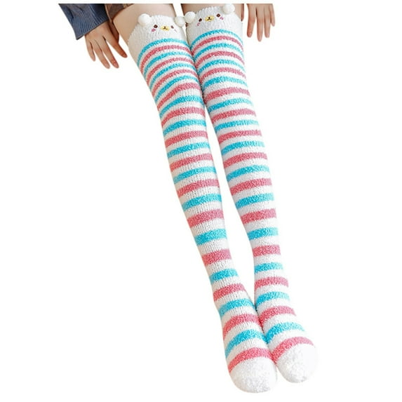 Tiqkatyck Thigh High Stockings Womwn Coral Fleece Socks Over The Knee Thicken Warm Sleeping Towel Striped Socks Compression Socks Pink