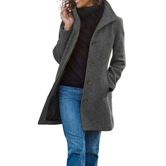 Tiqkatyck Trench Coat Clearance Women Clothing Women's Solid Color Vintage Mid Length Button Wool Jacket Coat winter coat Grey Grey L