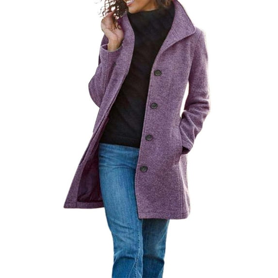Tiqkatyck Trench Coat Clearance Women Clothing Women's Solid Color Vintage Mid Length Button Wool Jacket Coat winter coat Purple Purple XL