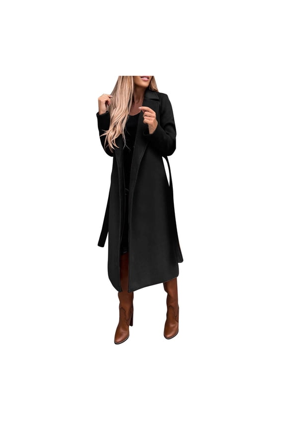Trench Coat on Sale, Women's Faux Wool Thin Trench Coat Jacket Women Slim Long Belt Overcoat Outerwear Winter Coats for Women, Pea Coats for Women Black XXL