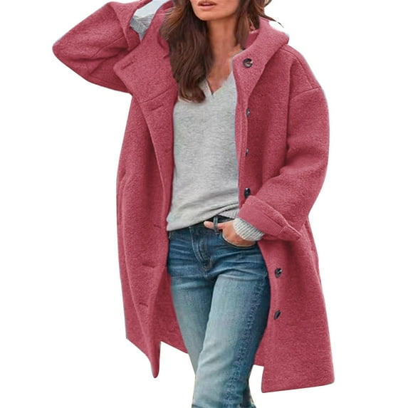 Tiqkatyck Trench Coat on Sale, Women's Long Sleeve Casual Fleece Fuzzy Jacket Loose Fit Warm Winter Outerwear Fashion Lapel Jacket Coats Winter Coats for Women, Pea Coats for Women Hot Pink XXL