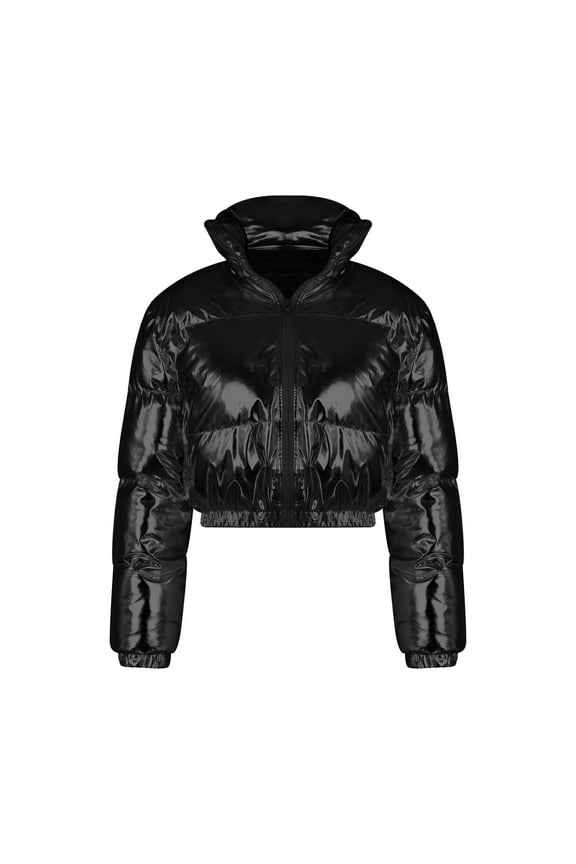 Trench Coat Women's Cropped Jacket Women Winter Shiny Zip Up Short Bubble Puffy Coats Plus Size Tops Clearance Long Sleeve Tops Black S