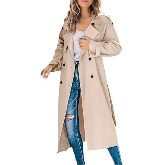 Tiqkatyck Trench Coat Women's Trench Coat Long Double Breasted Fall Fashion 2023 Classic Lapel Slim Overcoat Outerwear with Belt Plus Size Tops Clearance Long Sleeve Tops Khaki XL