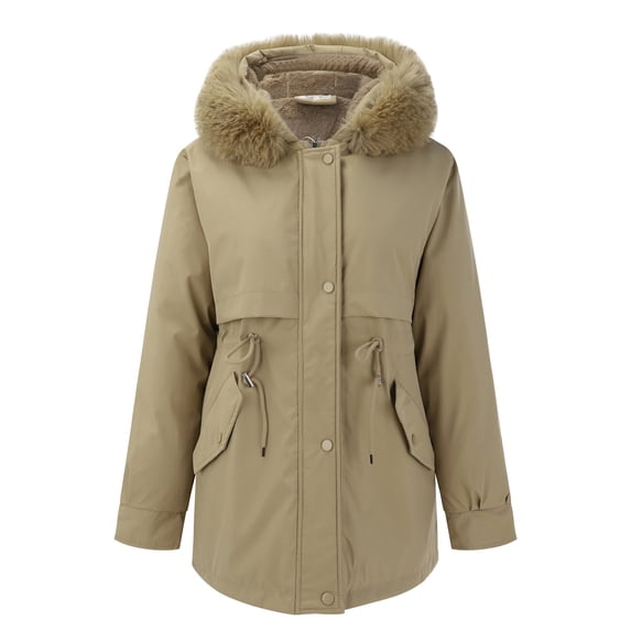 Tiqkatyck Trench Coat Women's Winter Mid Length Hooded Large Collar with Detachable Edges Oversized Plush Jacket Plus Size Tops Clearance Long Sleeve Tops Khaki M
