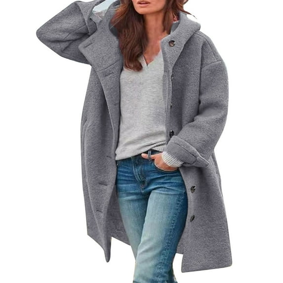 Tiqkatyck Trench Coat on Sale, Women's Long Sleeve Casual Fleece Fuzzy Jacket Loose Fit Warm Winter Outerwear Fashion Lapel Jacket Coats Winter Coats for Women, Pea Coats for Women Gray L