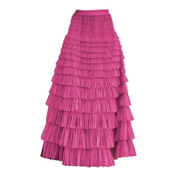 Tiqkatyck Womens Fashion Skirts for Women Clearance, Women's Tulle Skirt Ruffle Layered Mesh A Line Tiered Tutu Prom Wedding Long Womens Skirts, Long Skirts for Women Hot Pink