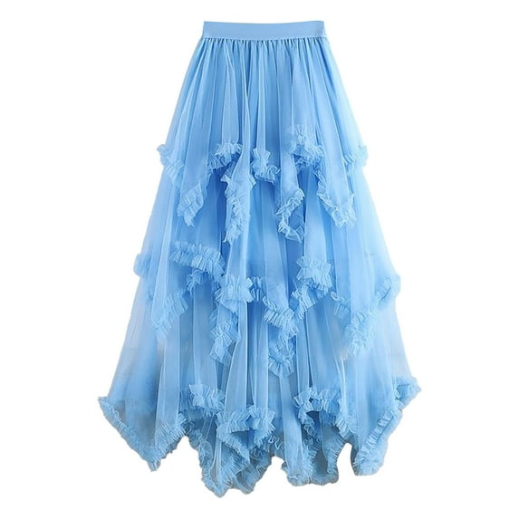 Tiqkatyck Tulle Skirts for Women Clearance, Women's Tulle Skirt Ruffle Multilayer Mesh A Line Tier Tutu Prom Wedding Long Tulle Skirts Holiday Skirts for Women, Skirts for Women Blue