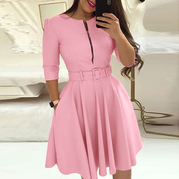 Tiqkatyck Vacation Dresses for Women, Women Fashion Round Neck Solid Color Three Quarter Sleeve Dress Party Dress, Summer Dresses for Women 2024 Pink