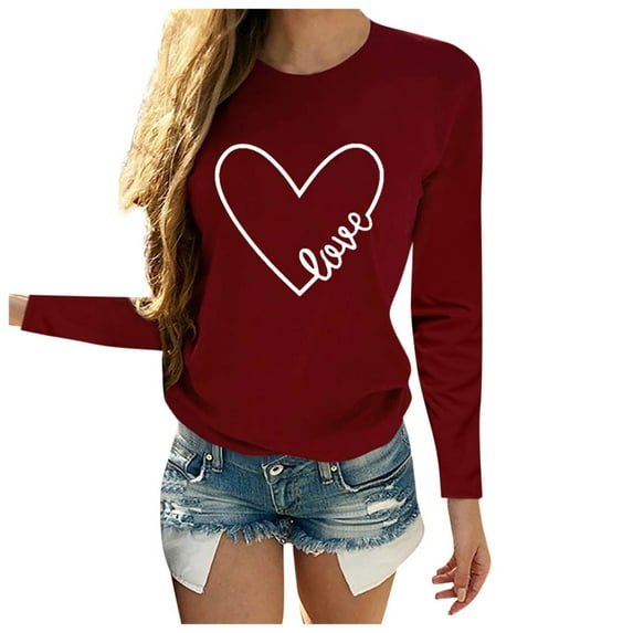 Tiqkatyck Valentine Shirts for Women, Women's Valentine's Day Casual Long Sleeve O Neck Letter Print Heart Print Tops, Sweatshirt for Women, Trendy Tops for Women 2024 Wine S