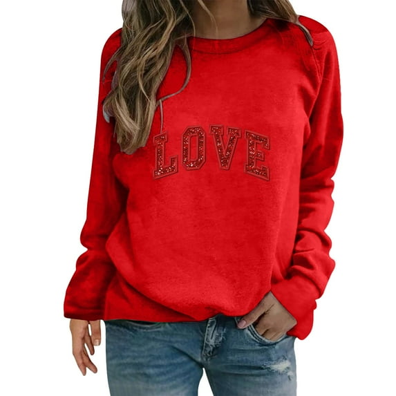 Tiqkatyck Valentine Shirts for Women, Women's Valentine's Day Sweatshirt Heart Shaped Love Printed Pullover Crewneck Long Sleeve Top, Valentine Sweatshirts for Women, Valentines Day Gifts Red