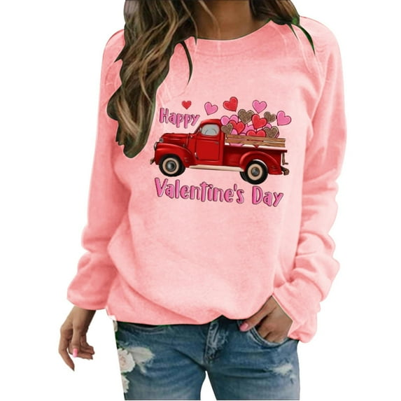 Tiqkatyck Valentine Shirts for Women, Women's Valentine's Day Sweatshirt Heart Shaped Love Printed Pullover Crewneck Long Sleeve Top, Valentine Sweatshirts for Women, Valentines Day Gifts Pink