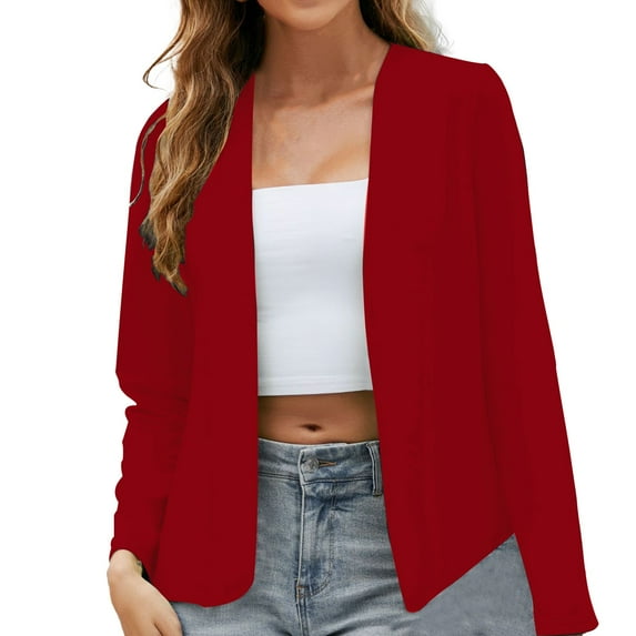 Tiqkatyck Winter Jackets Clearance, Women's Autumn Solid Color Collarless Slim Fit Long Sleeve Suit Jackets for Women Red XXXL