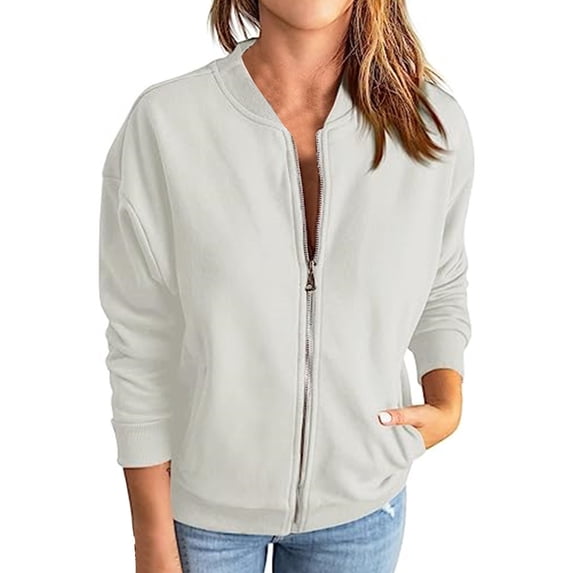 Tiqkatyck Winter Jackets for Women, Women's Autumn and Winter Sweatshirt Jacket Long Sleeve Solid Color Casual Loose Coat Bomber Jacket Women Jackets for Women White XL