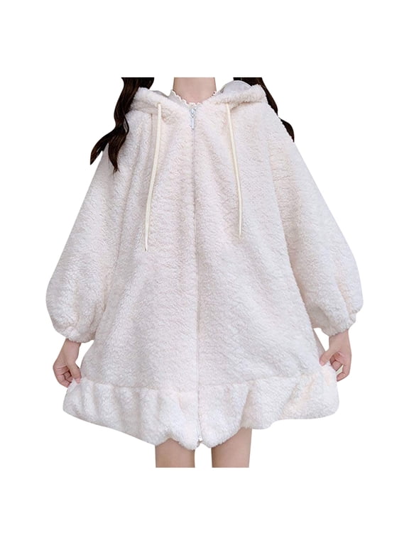 Winter Jackets for Women, Women's Casual Fashion Solid Color Loose Plush Coat Bunny Long Sleeve Zip Up Hoodie With Hood Fleece Jacket Women, Winter Coats for Women White S