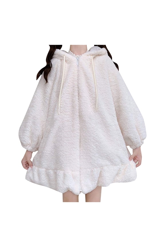 Winter Jackets for Women, Women's Casual Fashion Solid Color Loose Plush Coat Bunny Long Sleeve Zip Up Hoodie With Hood Fleece Jacket Women, Winter Coats for Women White S