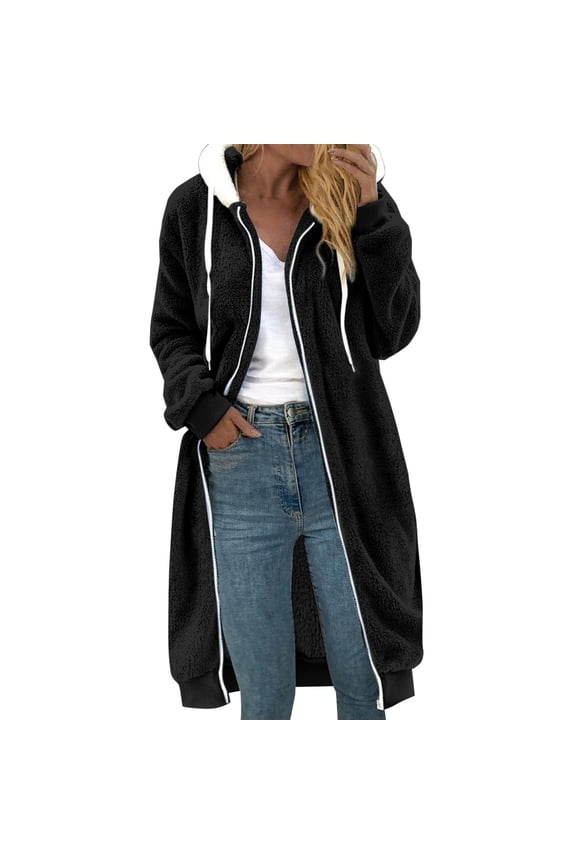 Winter Jackets for Women, Women's Fashion Solid Color Long Sleeve Cardigan with Pocket Button Top Sweater Knit Hooded Coat Fleece Jacket Women, Winter Coats for Women Black XL