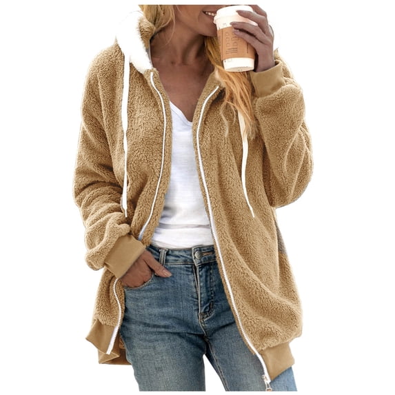 Tiqkatyck Winter Jackets for Women, Women's Solid Color Plush Coat Hooded Pullover Warm Wool Coat Zipper Top Fleece Jacket Women, Winter Coats for Women Khaki M