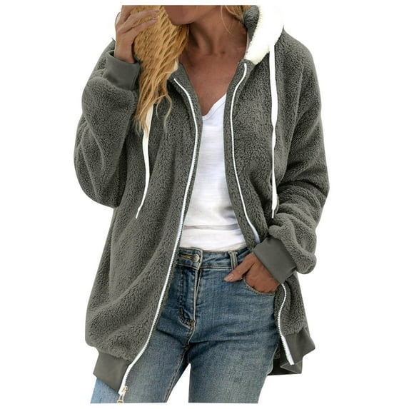 Tiqkatyck Winter Jackets for Women, Women's Winter Warm Plush Hooded Coat Warm Artificial Wool Coat Plush Coat with Pockets Outerwear Fleece Jacket Women, Winter Coats for Women Gray M