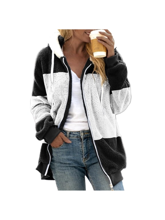 Winter Jackets for Women, Women's Winter Hooded Coat Warm Wool Coat Plush Coat with Pockets Outerwear Long Sleeve Jacket With Zipper Fleece Jacket Women, Winter Coats for Women Black L