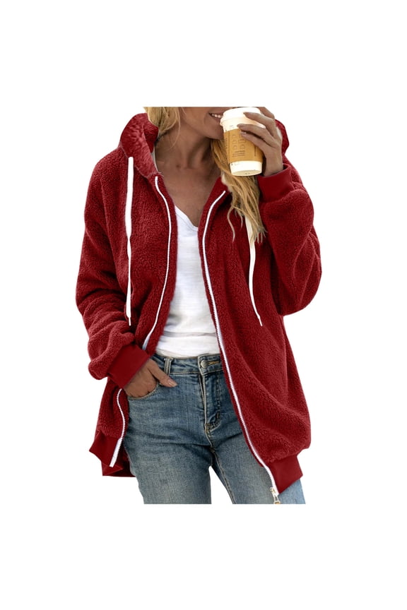 Winter Jackets for Women, Women's Winter Plus Size Solid Color Plush Hooded Coat Warm Wool Plush Coat Zipper Top Fleece Jacket Women, Winter Coats for Women Burgundy XXL