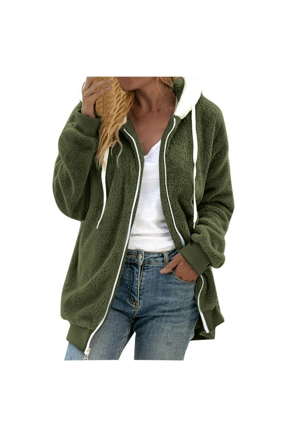 Winter Jackets for Women, Women's Winter Warm Plush Hooded Coat Warm Artificial Wool Coat Plush Coat with Pockets Outerwear Fleece Jacket Women, Winter Coats for Women Green L