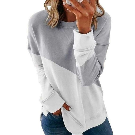 Tiqkatyck Women Summer Tops Clearance, Woman's Casual Stitching Contrast Color Long Sleeve Pullover Tops, Sweatshirt for Women, Tops for Women Trendy, Casual Tops for Women Grey L