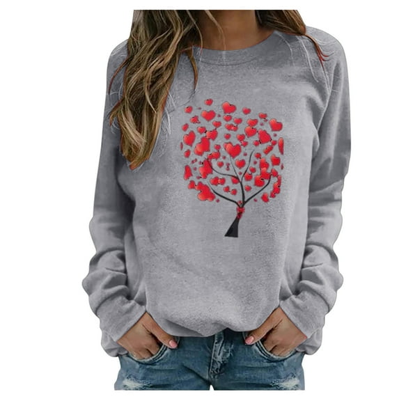 Tiqkatyck Women Summer Tops Clearance, Women Casual Long Sleeve Love Tree Printed O-Neck Tops Pullover, Sweatshirt for Women, Tops for Women Trendy, Casual Tops for Women Grey S