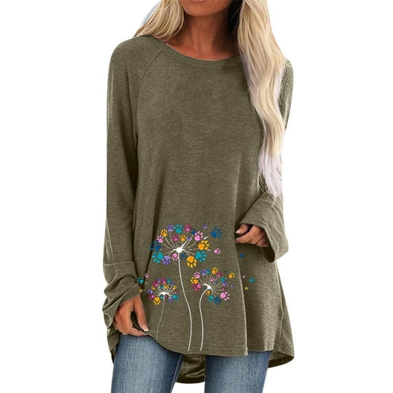 Tiqkatyck Women Summer Tops Clearance, Womens Casual Crew Neck Raglan Sleeve Dandelion Printed Long Sleeve T shirts, Sweatshirt for Women, Tops for Women Trendy, Casual Tops for Women Khaki L